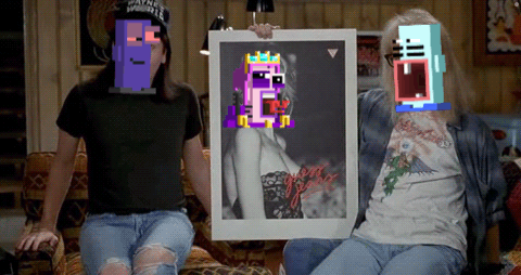 Two People Are Sitting On A Couch Holding A Framed Picture Of A Woman With Pixelated Faces On Their Faces GIF