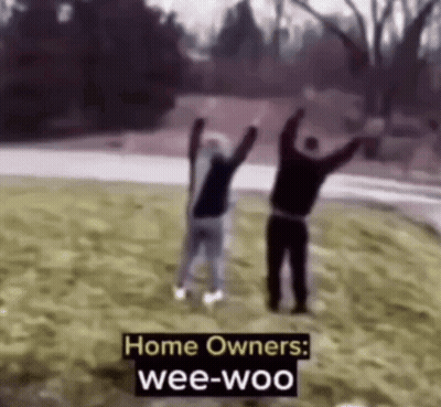 Two People Are Standing In The Grass With Their Arms In The Air And The Words Home Owners : Wee-Woo On The Bottom . GIF