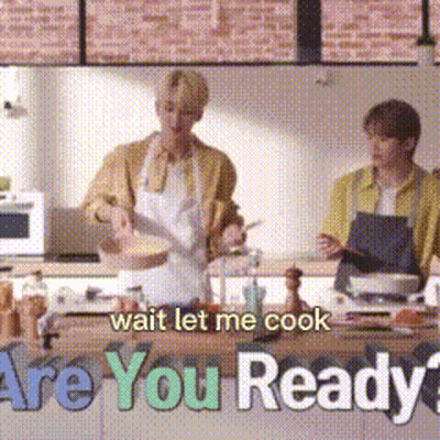 Two People Cooking In A Kitchen With The Words " Wait Let Me Cook Are You Ready " On The Bottom GIF