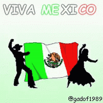 Two People Dancing In Front Of A Mexican Flag With The Words Viva Mexico Above Them GIF