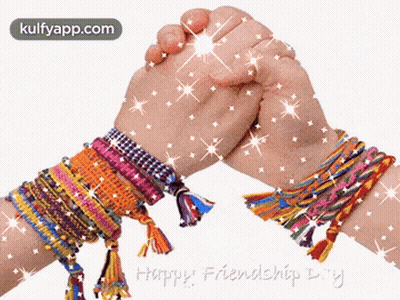 Two People Holding Hands With Bracelets On Their Wrists And The Words Happy Friendship Day On The Bottom GIF