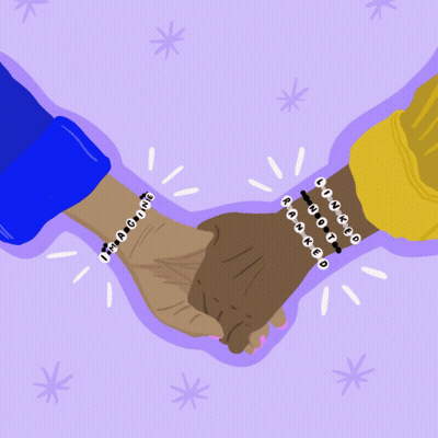 Two People Holding Hands With We Are All In This Together GIF