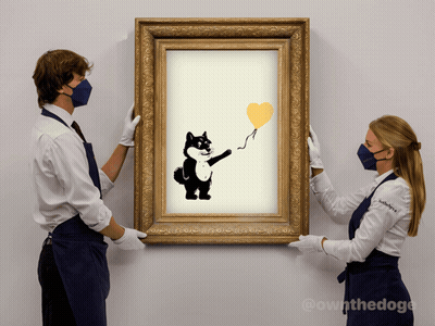 Two People Holding Up A Framed Picture Of A Dog Holding A Yellow Balloon GIF