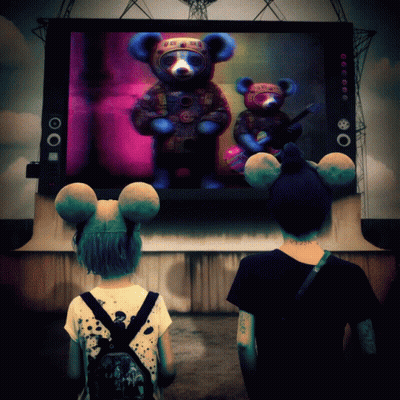 Two People In Mickey Ears Watching TV With Teddy Bears GIF