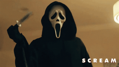 Two People In Scream Masks In Dark Room GIF
