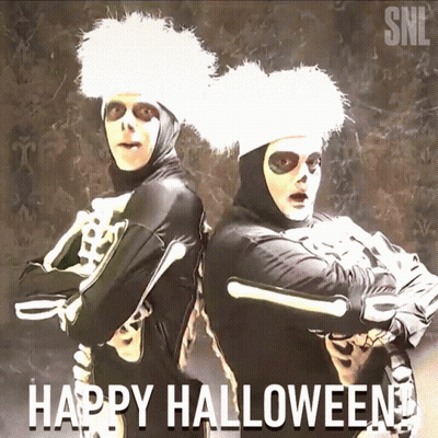 Two People In Skeleton Costumes Back To Back Happy Halloween GIF