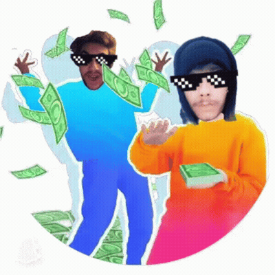 Two People In Sunglasses Standing In Front Of Money Pile GIF