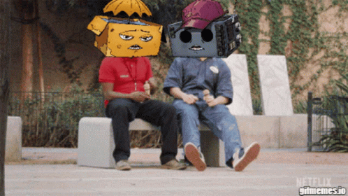 Two People On Bench With Boxes On Heads Netflix Gifmemes.io GIF