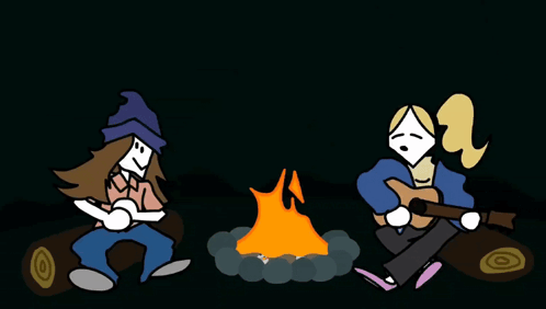 Two People Sitting Around Campfire With Bottle Of Soda GIF