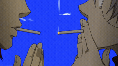 Two People Smoking Cigarette With Skull GIF