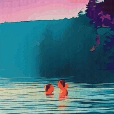 Two People Swimming In Lake With Pink Sky GIF