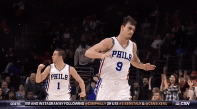 Two Philadelphia Basketball Players 1 And 9 Celebrating GIF