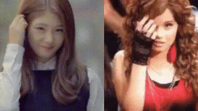Two Pictures Of A Woman With Long Hair And A Woman With Curly Hair GIF
