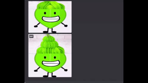 Two Pictures Of Green Cartoon Character With Arms And Legs Smiling GIF