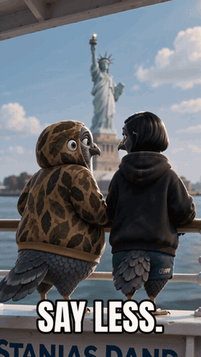Two Pigeons On A Boat Saying Say Less GIF
