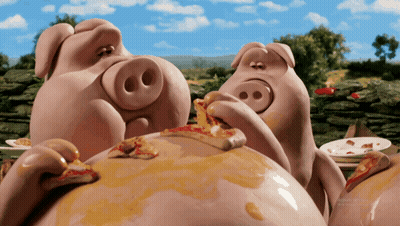 Two Pigs Are Eating Pizza Together In A Cartoon Illustration GIF