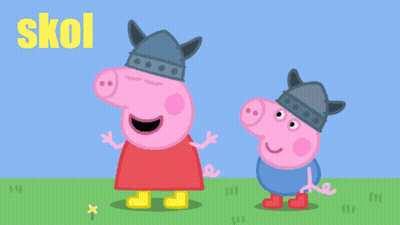 Two Pigs Wearing Viking Hats Are Standing Next To Each Other With The Word Skol Above Them GIF