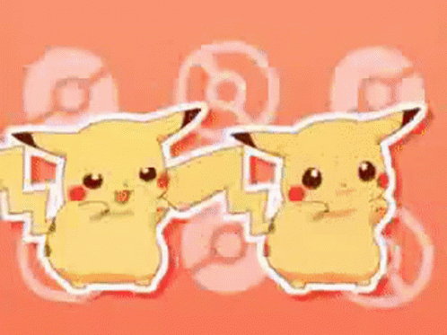 Two Pikachu Stickers Are Dancing Together On A Pink Background . GIF