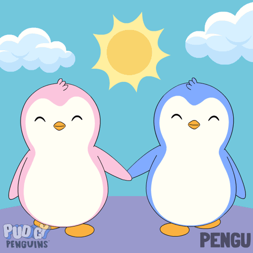 Two Pink And Blue Penguins Are Holding Hands In Front Of A Sun And Clouds GIF