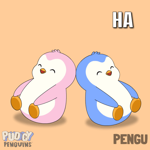 Two Pink And Blue Penguins Are Sitting Next To Each Other With The Words " Ha Ha Ha " Written Above Them GIF