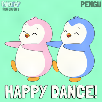 Two Pink and Blue Penguins Dancing Happy Dance