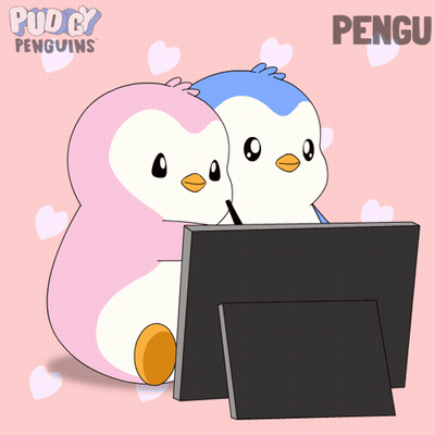 Two Pink And Blue Penguins Hugging In Front Of Computer Screen GIF