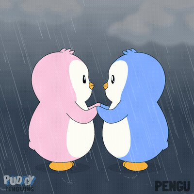 Two Pink And Blue Penguins Hugging In Rain With Pengu GIF