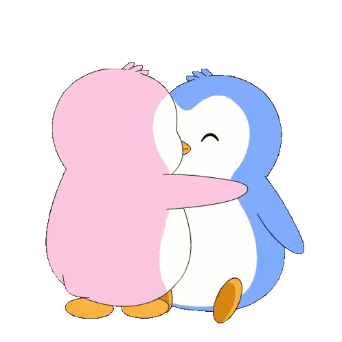 Two Pink And Blue Penguins Hugging With Hearts Sticker