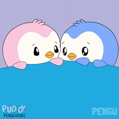 Two Pink And Blue Penguins Peeking Behind Pudding Logo GIF