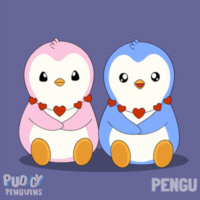 Two Pink And Blue Penguins With Heart Necklaces GIF