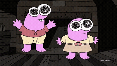 Two Pink Cartoon Characters Are Standing Next To Each Other In Front Of A Fireplace With The Words Adult Swim On The Bot GIF