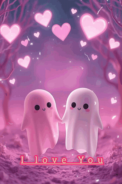 Two Pink Ghosts Holding Hands With The Words " I Love You " Written Below Them GIF