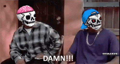 Two Pixelated Skeletons Are Sitting Next To Each Other And One Of Them Says Damn !!! GIF