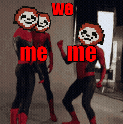 Two Pixelated Spidermans Are Standing Next To Each Other And The Words We Me Me Are Above Them GIF