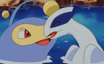 Two Pokemon Are Kissing In The Water And One Of Them Has A Yellow Ball On Its Head . GIF