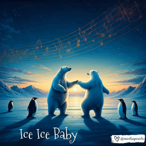 Two Polar Bears Dancing With Penguins In The Background And The Words Ice Ice Baby Written On The Bottom GIF