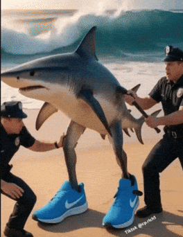 Police Officers Holding Shark Wearing Nike Shoes GIF