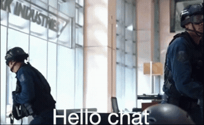 Two Police Officers Are Standing In Front Of A Window With The Words Hello Chat On It GIF