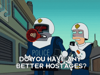 Two Police Officers Are Standing Next To Each Other And One Has A Megaphone That Says Police Do You Have Any Better Host GIF