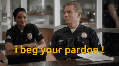 Two Police Officers Sitting At Desk Saying I Beg Your Pardon GIF