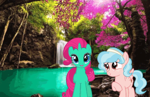 Two Ponies Are Standing In Front Of A Waterfall In The Woods GIF