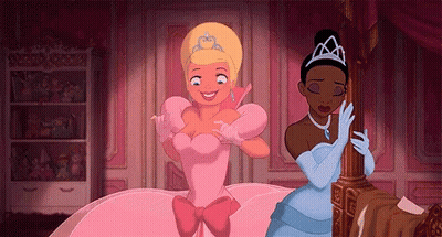 Two Princesses Standing, One With Tiara GIF