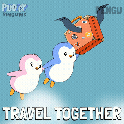 Two Pudgy Penguins Flying Carrying Suitcase GIF