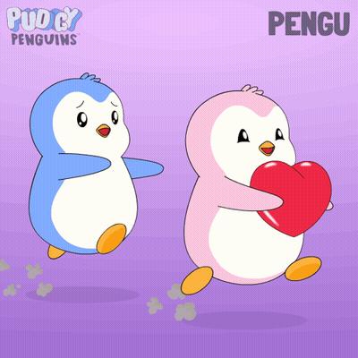 Two Pudgy Penguins Holding Hearts GIF