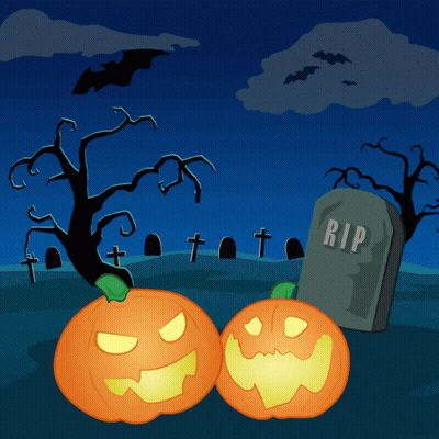 Two Pumpkins Next To Gravestone Saying RIP GIF