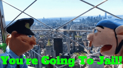 Two Puppet Characters Looking Over City Saying You're Going To Jail GIF
