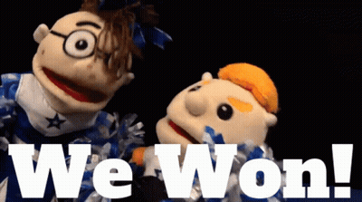Two Puppets Standing Next To Each Other With The Words We Won Behind Them GIF