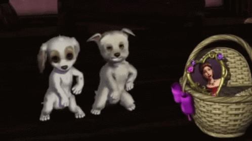 Two Puppies Are Dancing Next To A Basket With A Picture Of A Woman On It . GIF