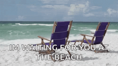 Two Purple Beach Chairs On A Sandy Beach With The Words Im Waiting For You At The Beach GIF