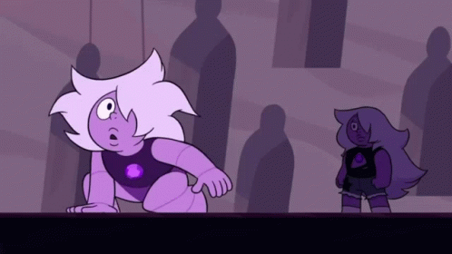 Two Purple Cartoon Characters Are Standing Next To Each Other With Shadows Behind Them GIF